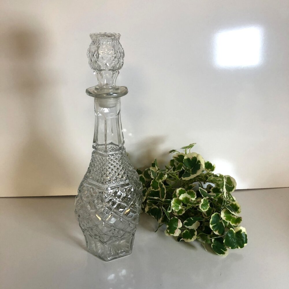 Vintage Pressed Glass Decanter Bottle with Stopper Diamond Cut Pattern